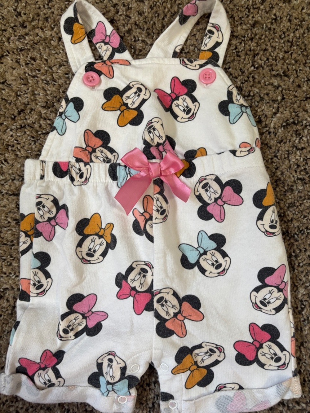 Disney White Minnie Mouse Bow Print Romper with Pink Ribbon Accent